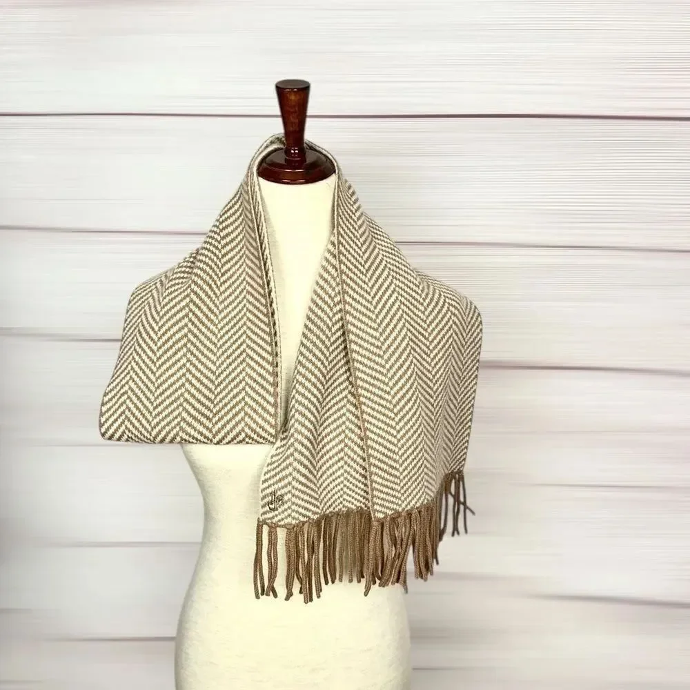Lauren Ralph Lauren Wool Herringbone Scarf Tan Beige With Fridges Men's Women's